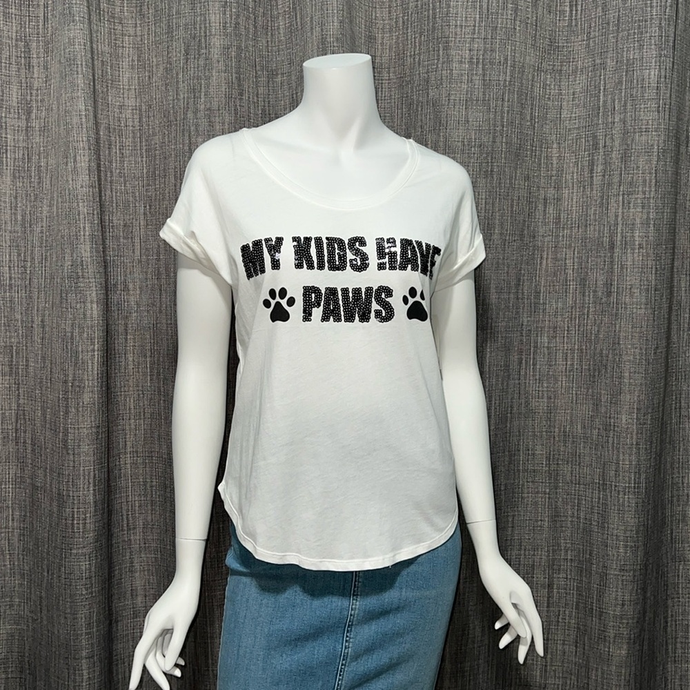 My Kids Have Paws Sequin Cotton Short Sleeve Tee White XS NEW W/ TAGS